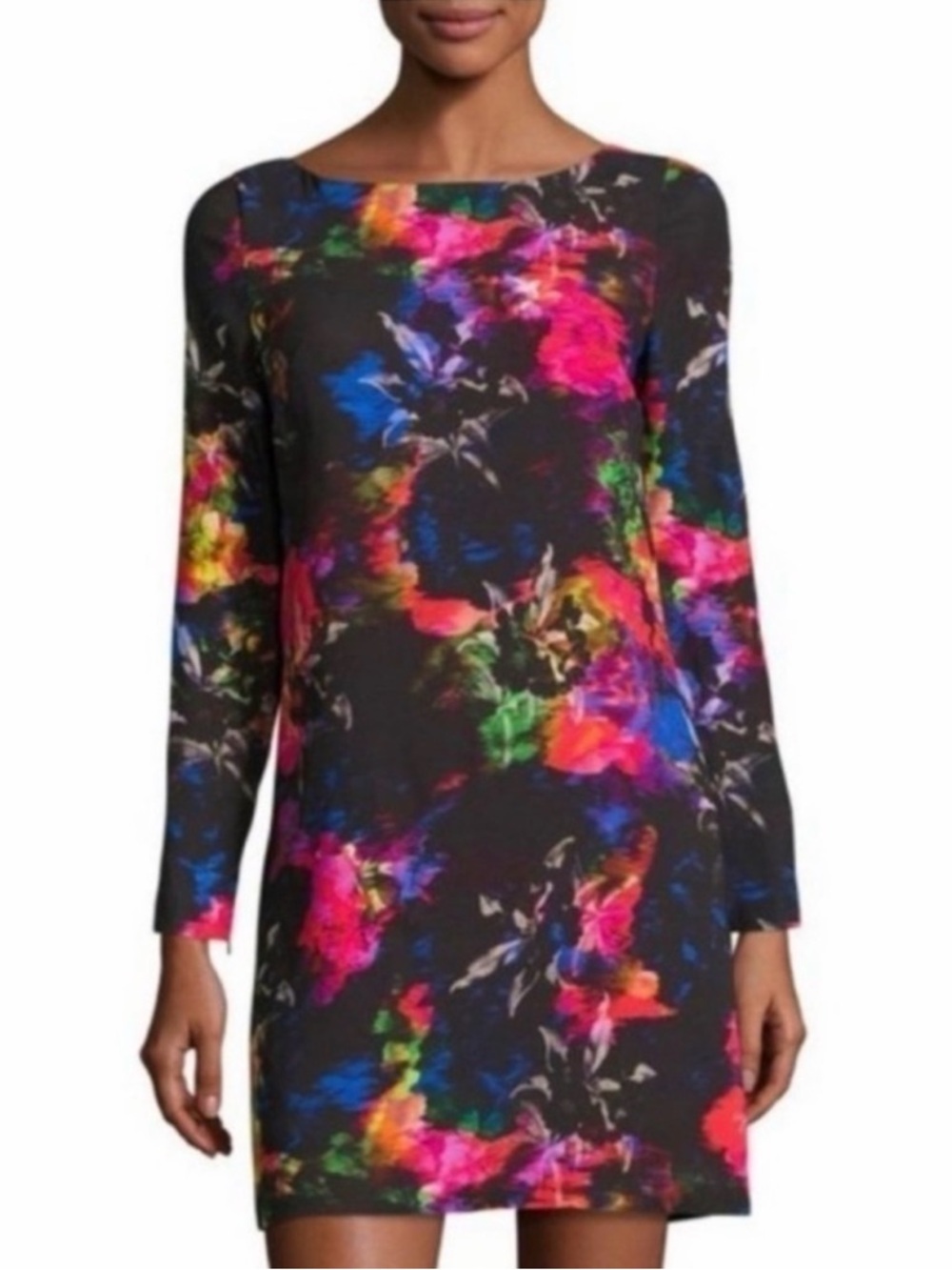 Milly Monet Abstract Floral Shift Long Sleeve Mini Dress